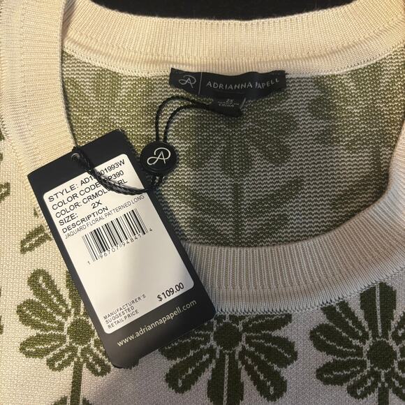 NWT Adrianna Papell Crew Neck Floral Jacquard Sweater Ivory Green Floral 2X - Picture 5 of 6